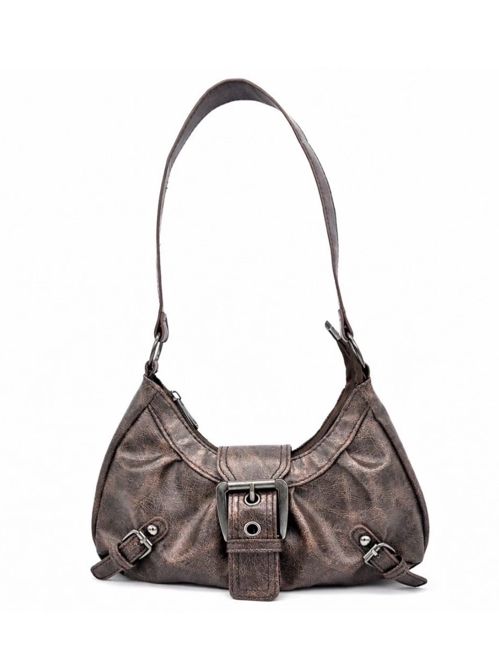 Women’s Distressed Brown Shoulder Bag Slouchy Hobo Purse Buckle Front